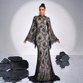 High End Long Sleeve Crew Neck Long Lace Cocktail Evening Dress Bridesmaid